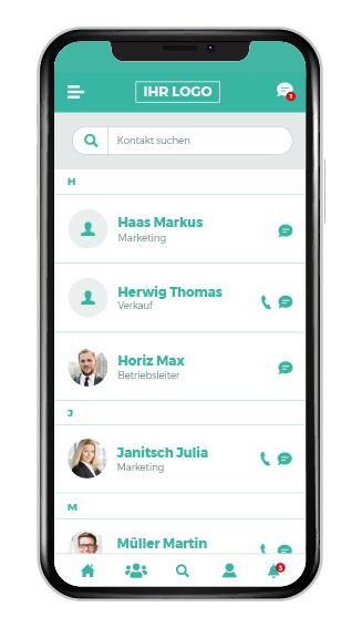 Mitarbeiter-App Kontaktverzeichnis am Smartphone