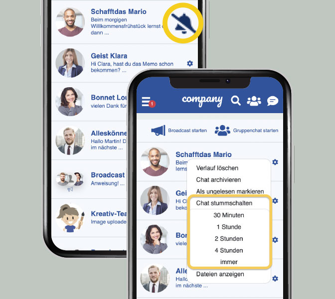 Mitarbeiter-App Feature: Chat Stummschaltung - Mute Business Messenger - Benachrichtigungen Notifications deaktivieren - Fokuszeit