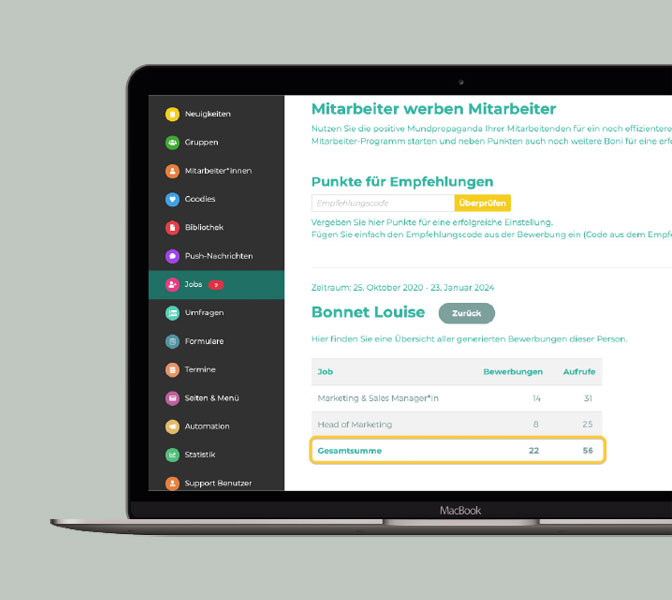 Mitarbeiter-App Feature: Job-Empfehlungsstatistik - Mitarbeiter-werben-Mitarbeiter Programm Auswertung - Employee Referrals 