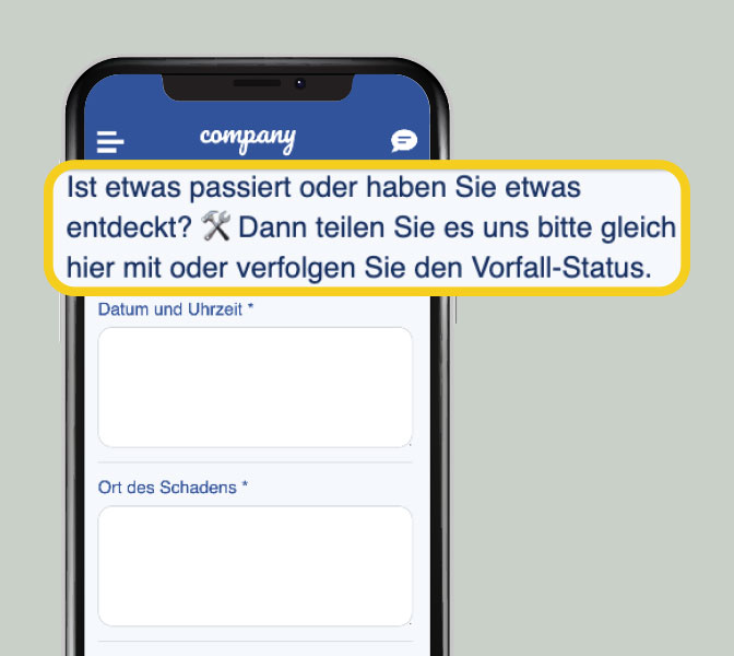Mitarbeiter-App Feature - Info-Feld online Formular - Smartphone Screen - Formular fuer Schadensmeldung mit Beschreibung des Arbeitsablaufs