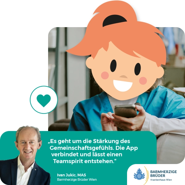 Ivan Jukic, MAS, zur Mitarbeiter-App der Barmherzigen Brüder Wien "Es geht um die Stärkung des Gemeinschaftsgefühls. Die App verbindet und laesst einen Teamspirit entstehen." Zitat zur Barmherzige Brüder Mitarbeiter-App von Ivan Jukic, MAS Gesamtleiter