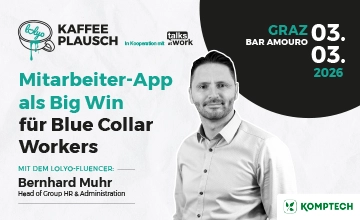LOLYO Kaffeeplausch - Mitarbeiter-App als BIG Win für Blue Collar Workers mit Bernhard Muhr, Head of Group HR und Administration - Komptech - Portrait - Logo