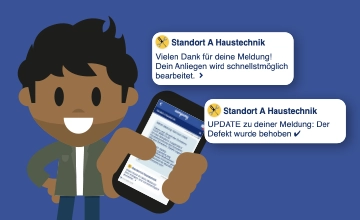 Digitale Meldungeprozesse in der Mitarbeiter-App - LOLYO Figur, Smartphone, Chat-Nachrichten mit Updates zum Bearbeitungsstatus